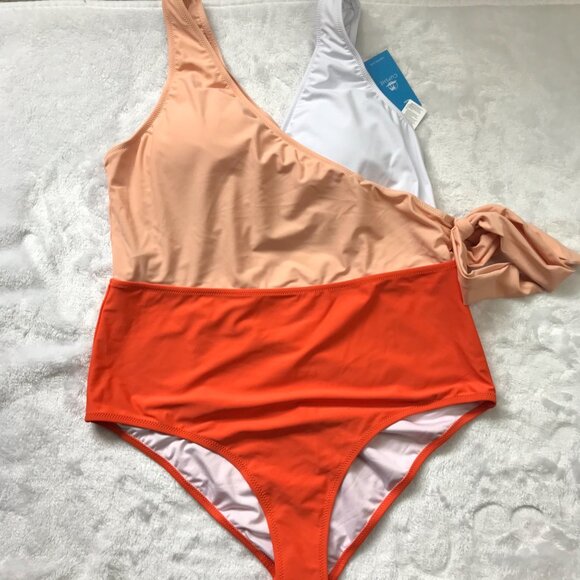 Cupshe Faux Wrap One Piece Swimsuit Women's XXL Color Block Orange, Peach NEW - Picture 12 of 12